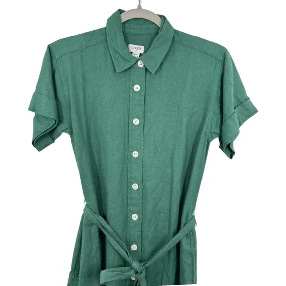J. Crew Green Linen Blend Short Sleeve Button Front Belted Shirt Dress XXS NWT - Picture 8 of 8